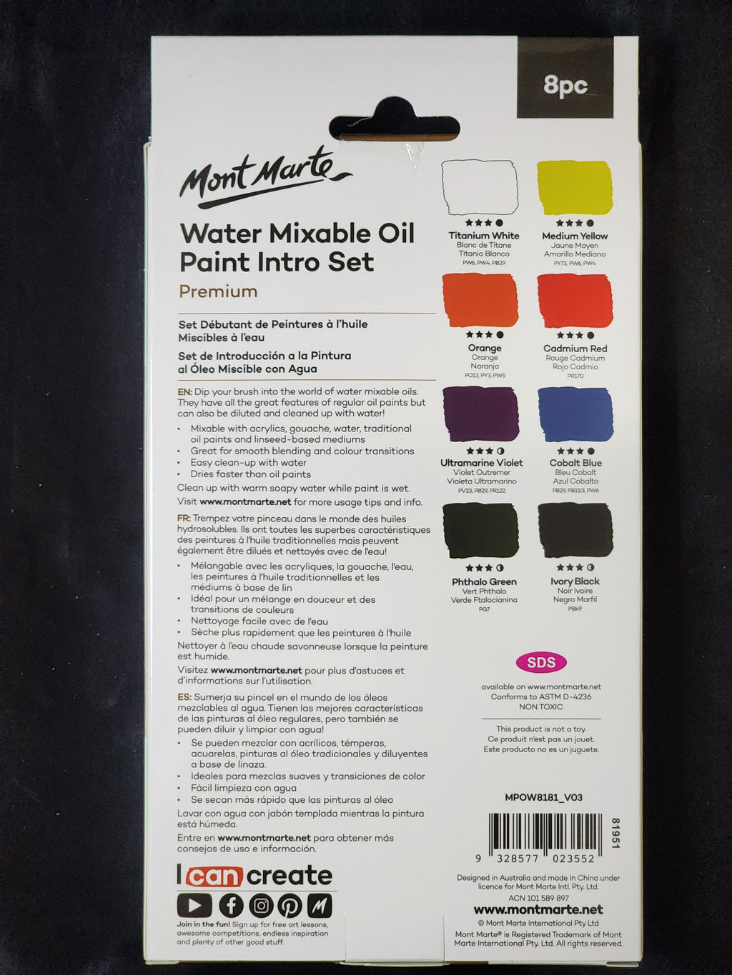 Mont Marte Water Mixable Oil Paint Intro Set 8pc x 18ml