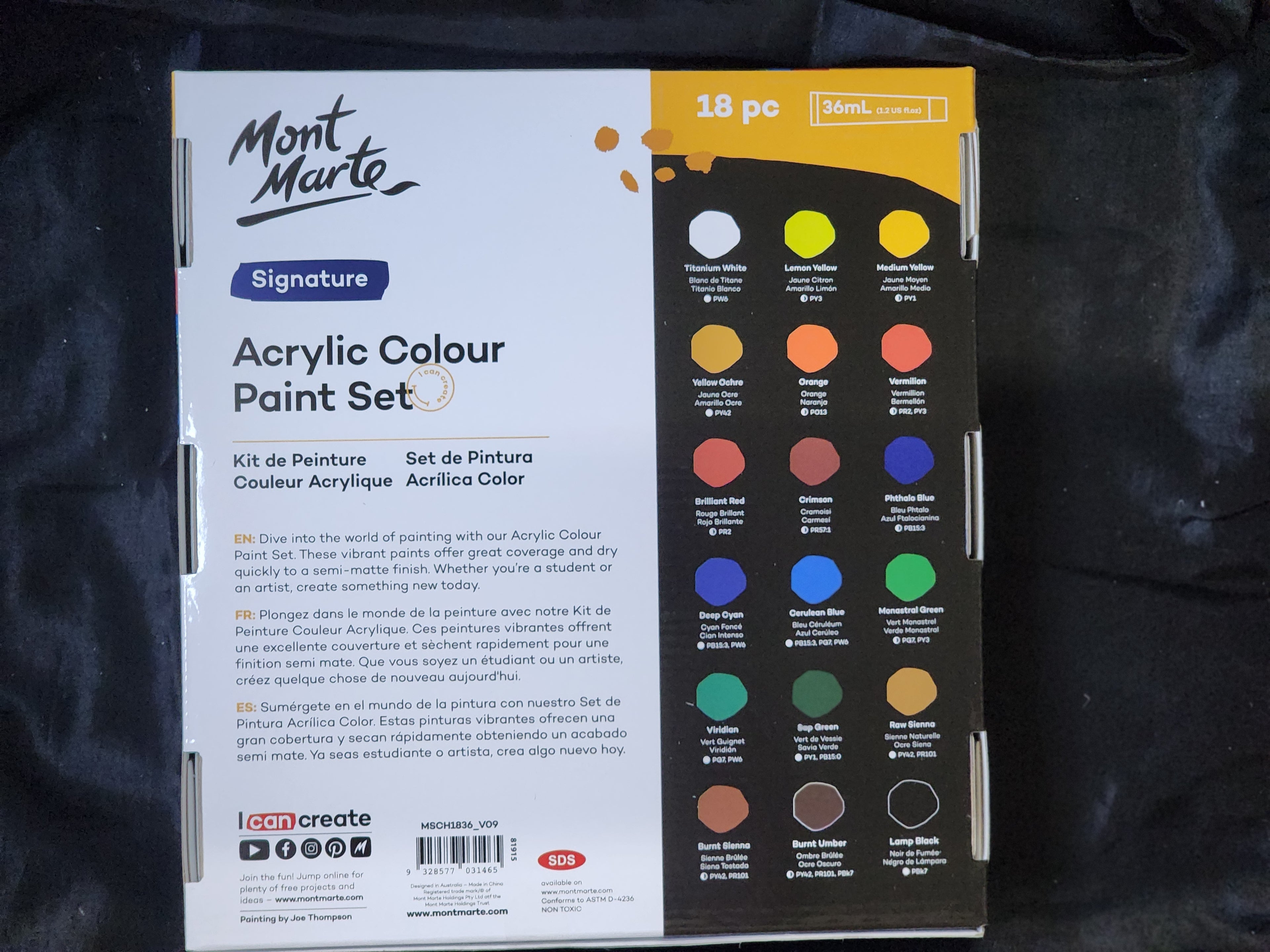 Mont Marte Acrylic Colour Paint Set 18pc x 36ml