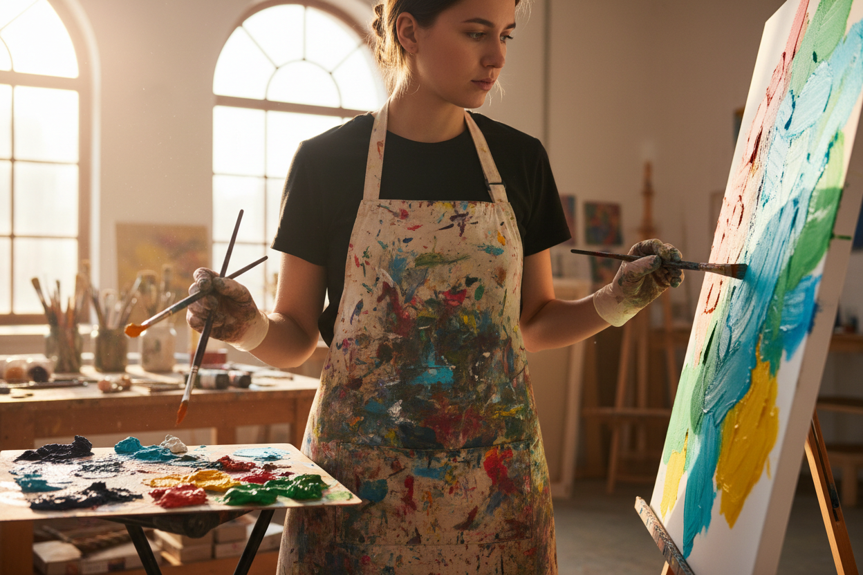 person painting whilst wearing an apron with paint on it